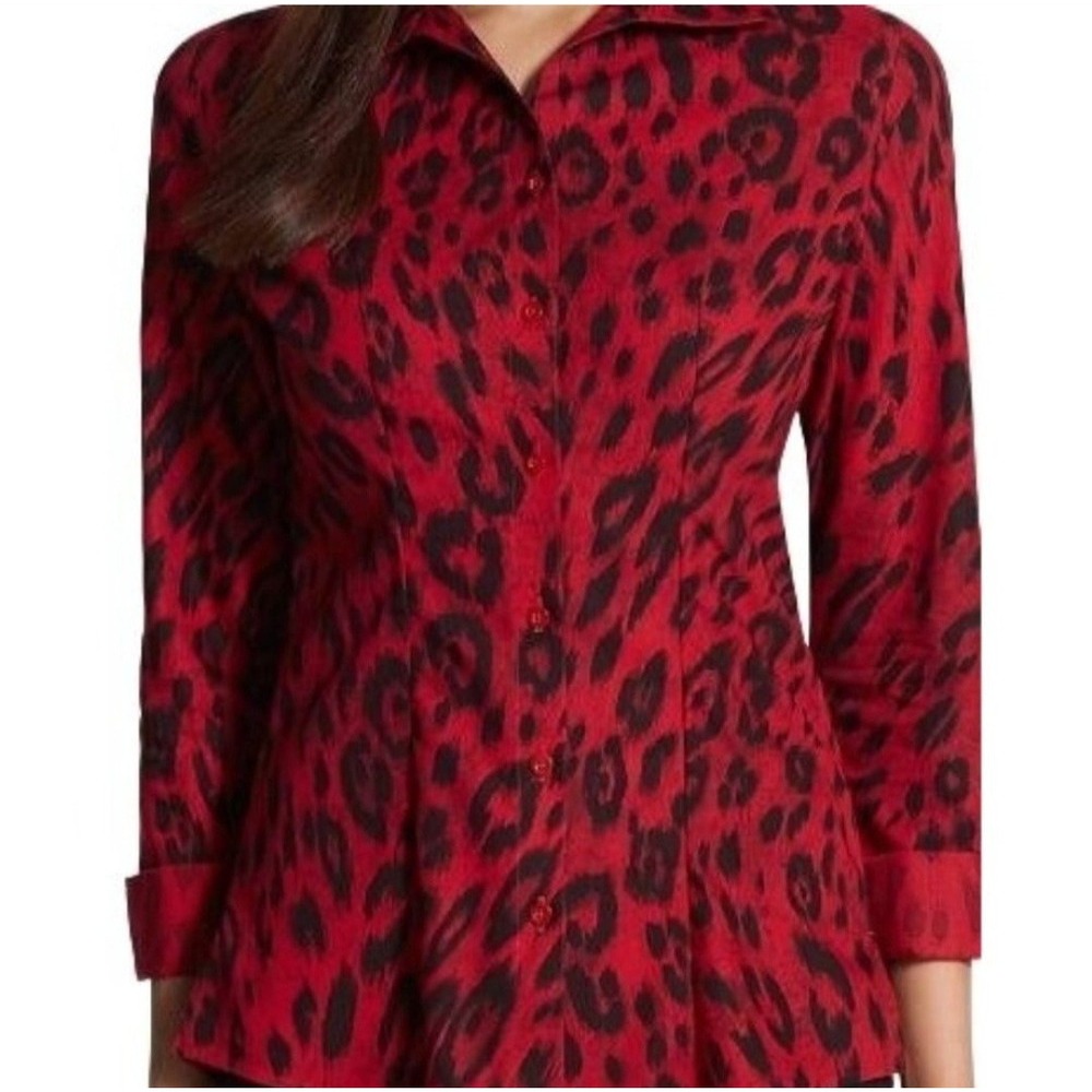 Chicos Women's Red Black Leopard Print Long Sleeve Button Up Shirt Size‎ 3